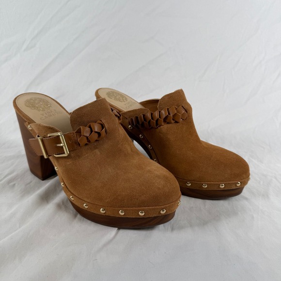 Vince Camuto Shoes - Vince Camuto Crashell Tan Suede Platform Clogs Braided Buckle Mules Studded 9.5